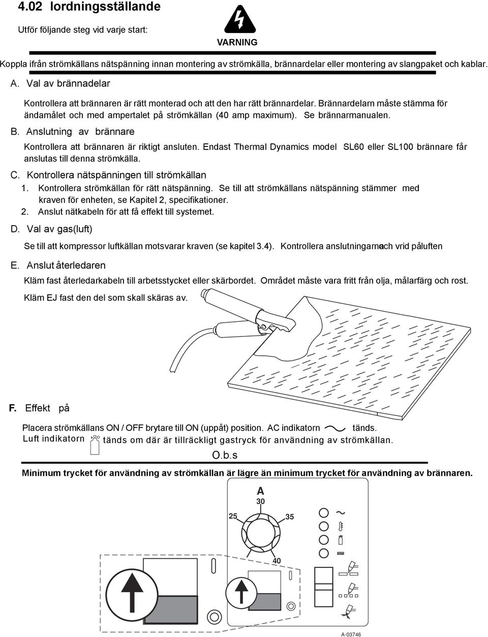 Se brännarmanualen. B. Anslutning av brännare Kontrollera att brännaren är riktigt ansluten. Endast Thermal Dynamics model SL60 eller SL00 brännare får anslutas till denna strömkälla. C.