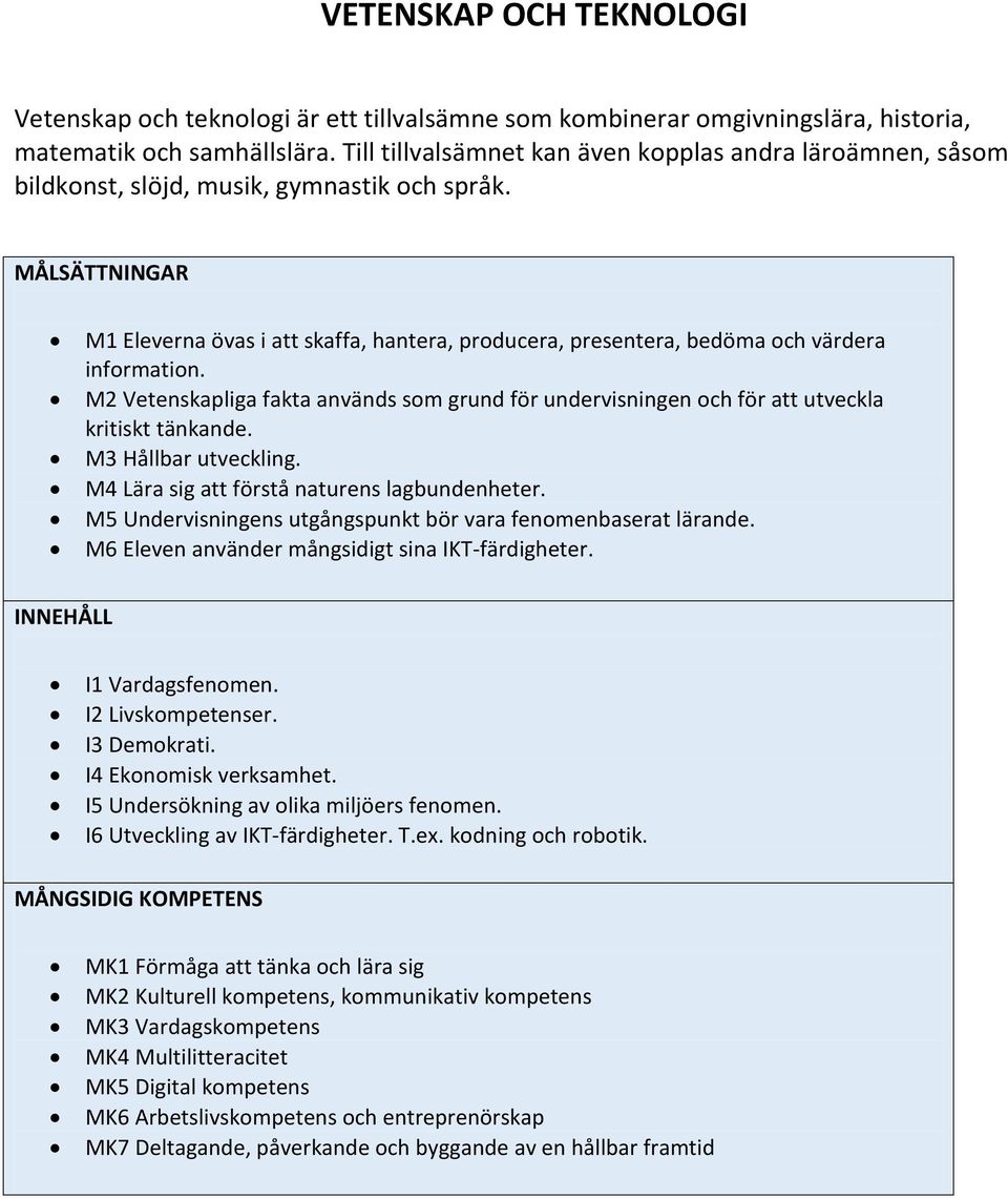 M2 Vetenskapliga fakta används som grund för undervisningen och för att utveckla kritiskt tänkande. M3 Hållbar utveckling. M4 Lära sig att förstå naturens lagbundenheter.