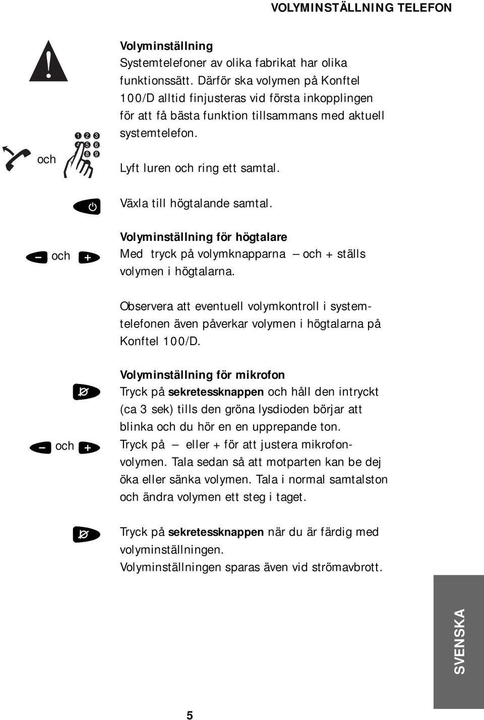 Växla till högtalande samtal. och Volyminställning för högtalare Med tryck på volymknapparna och + ställs volymen i högtalarna.