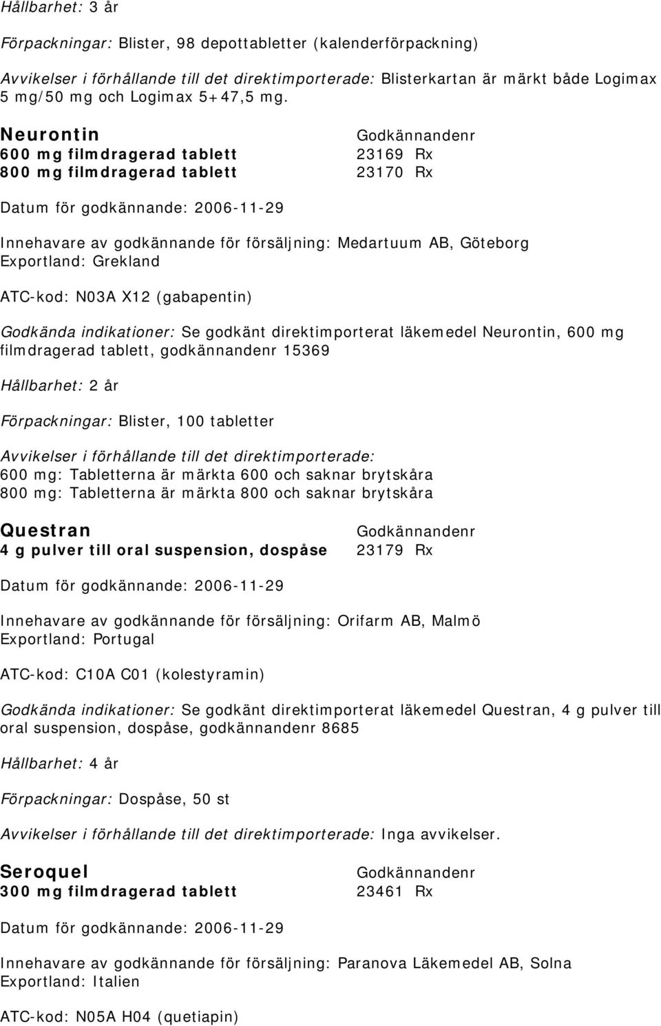 (gabapentin) Godkända indikationer: Se godkänt direktimporterat läkemedel Neurontin, 600 mg filmdragerad tablett, godkännandenr 15369 Hållbarhet: 2 år Förpackningar: Blister, 100 tabletter Avvikelser