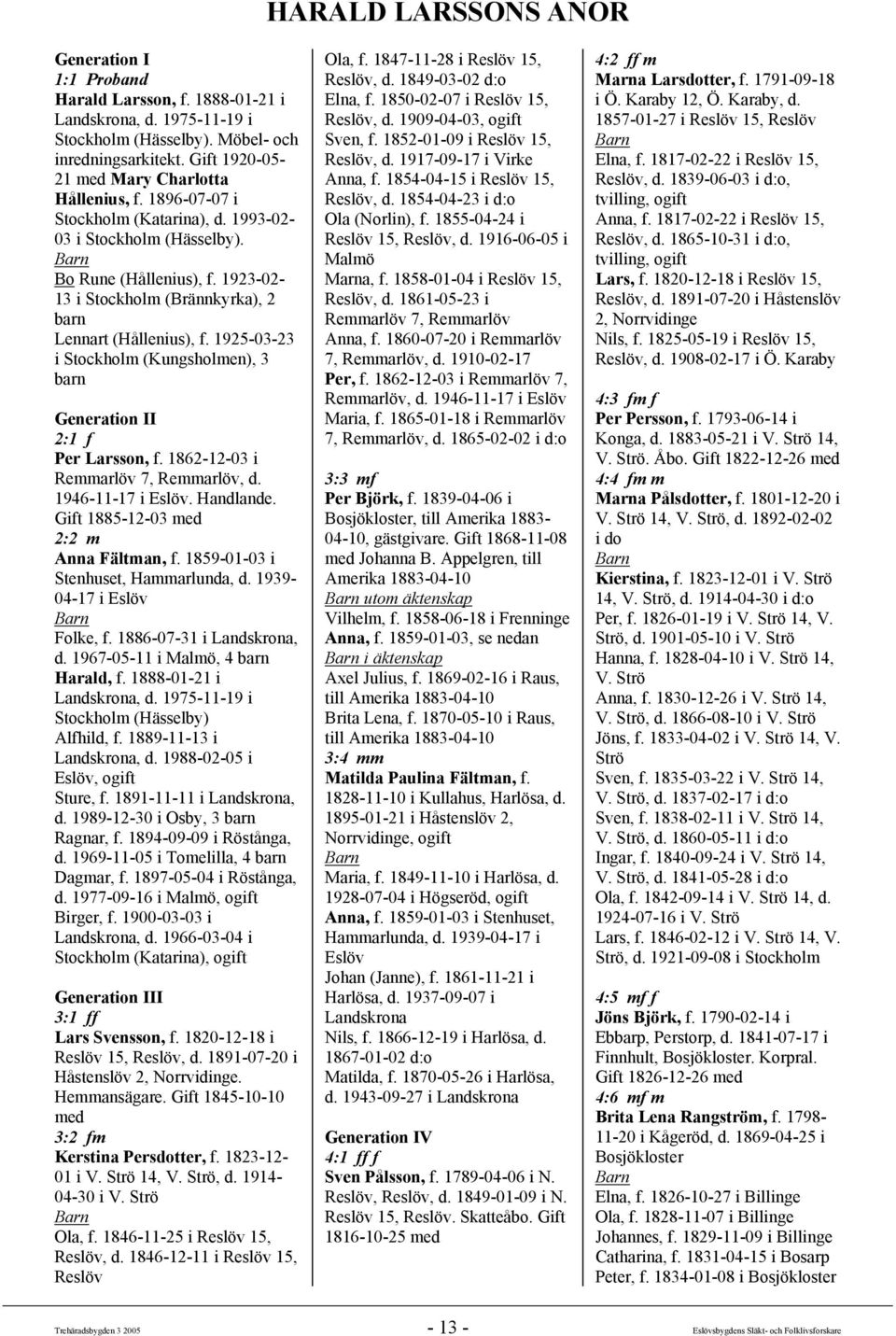 1923-02- 13 i Stockholm (Brännkyrka), 2 barn Lennart (Hållenius), f. 1925-03-23 i Stockholm (Kungsholmen), 3 barn Generation II 2:1 f Per Larsson, f. 1862-12-03 i Remmarlöv 7, Remmarlöv, d.