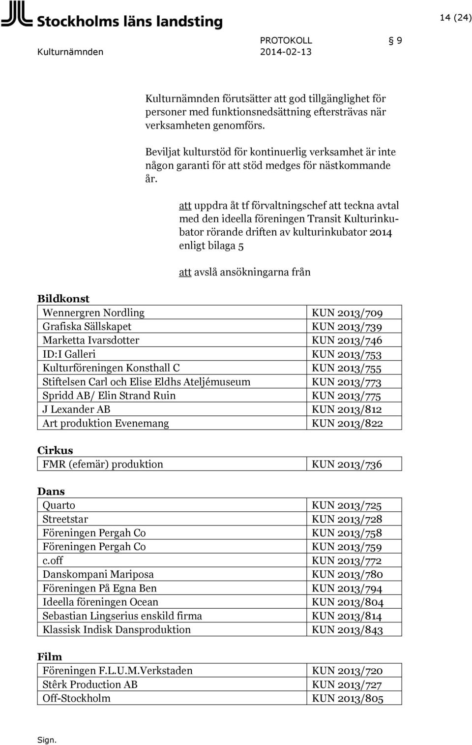 att uppdra åt tf förvaltningschef att teckna avtal med den ideella föreningen Transit Kulturinkubator rörande driften av kulturinkubator 2014 enligt bilaga 5 att avslå ansökningarna från Bildkonst