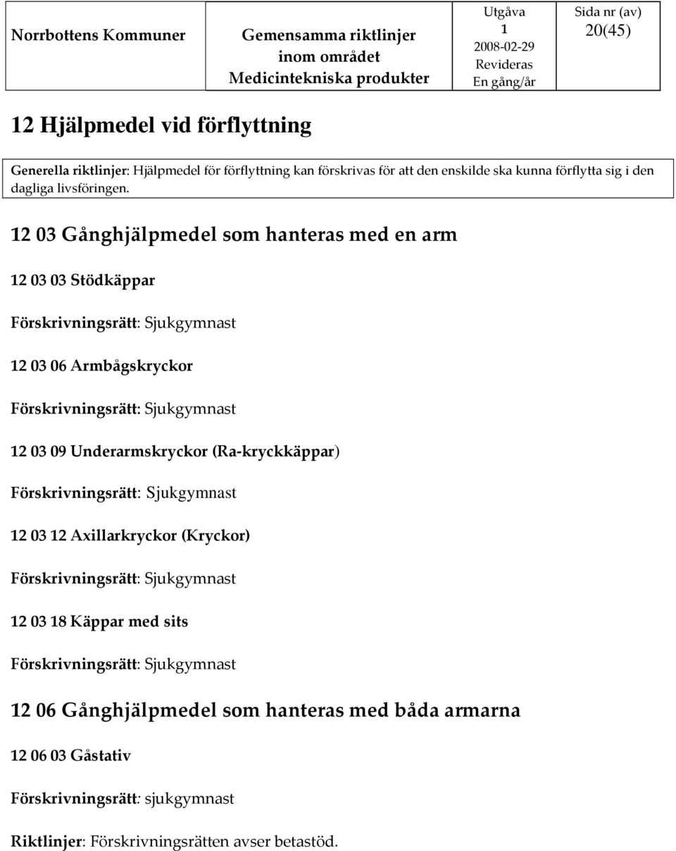 2 03 Gånghjälpmedel som hanteras med en arm 2 03 03 Stödkäppar Förskrivningsrätt: Sjukgymnast 2 03 06 Armbågskryckor Förskrivningsrätt: Sjukgymnast 2 03 09