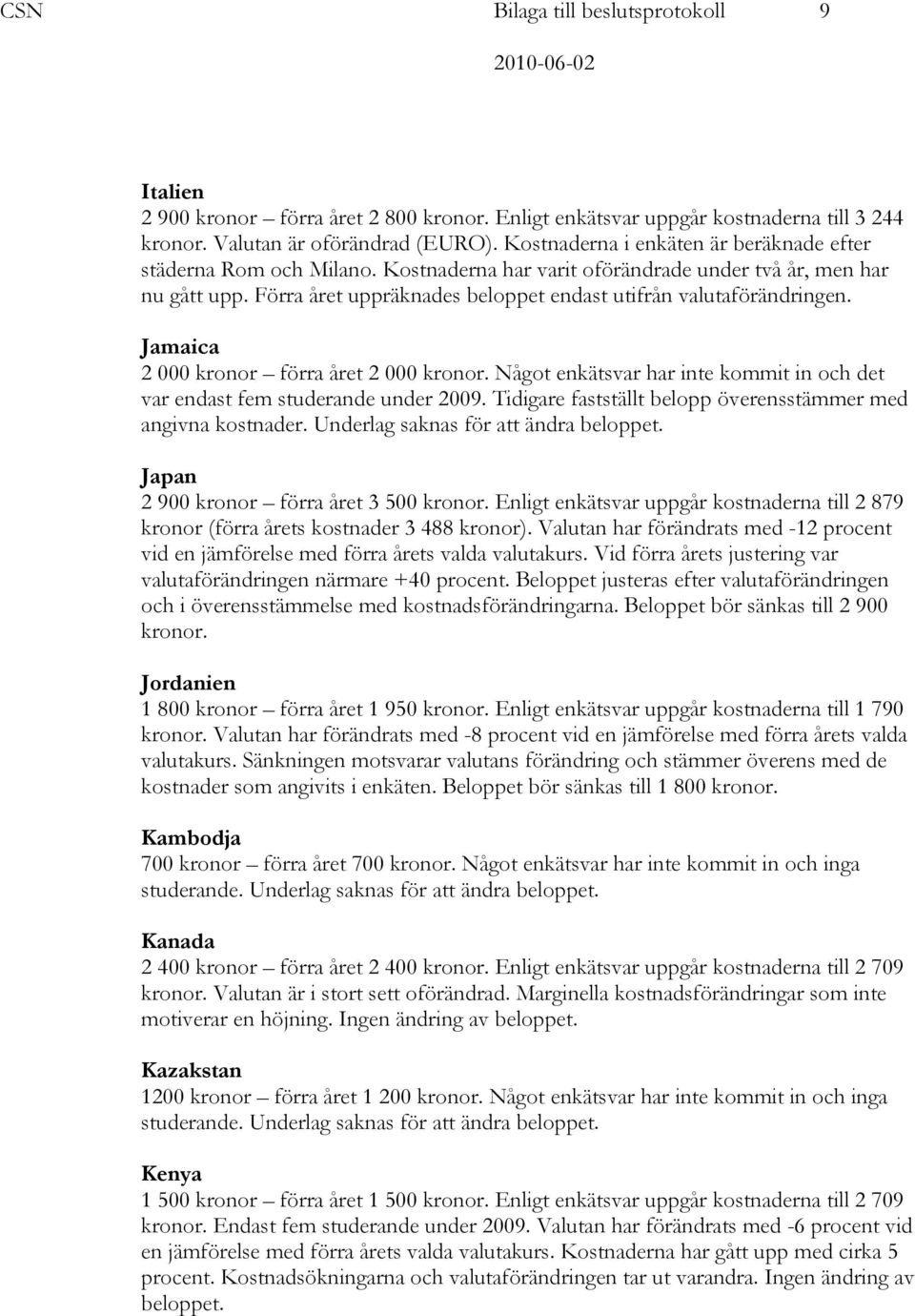 Förra året uppräknades beloppet endast utifrån valutaförändringen. Jamaica 2 000 kronor förra året 2 000 kronor. Något enkätsvar har inte kommit in och det var endast fem studerande under 2009.