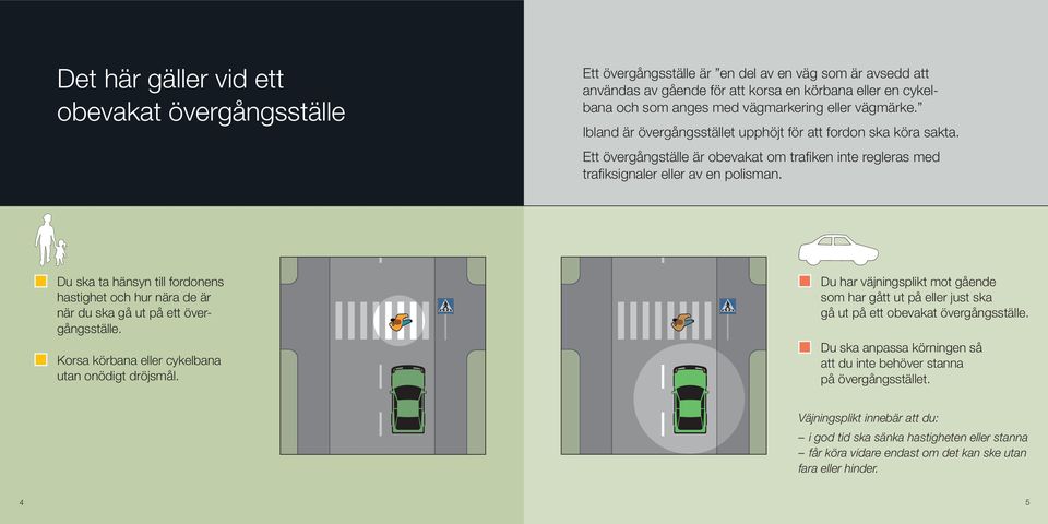 Du ska ta hänsyn till fordonens hastighet och hur nära de är när du ska gå ut på ett övergångsställe. Korsa körbana eller cykelbana utan onödigt dröjsmål.