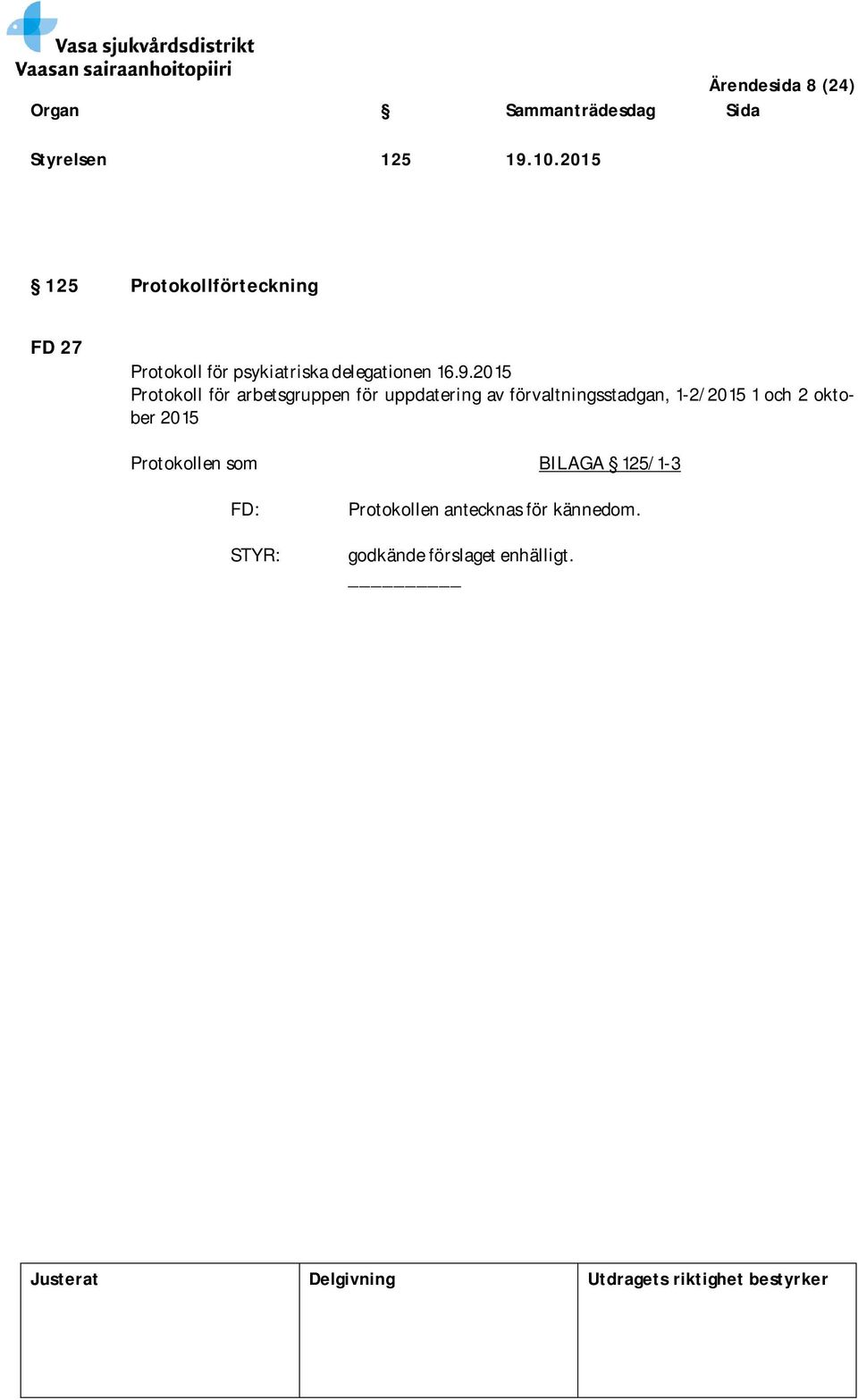 2015 Protokoll för arbetsgruppen för uppdatering av förvaltningsstadgan,