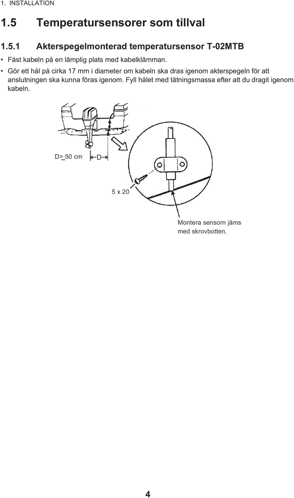 1 Akterspegelmonterad temperatursensor T-02MTB Fäst kabeln på en lämplig plats med kabelklämman.