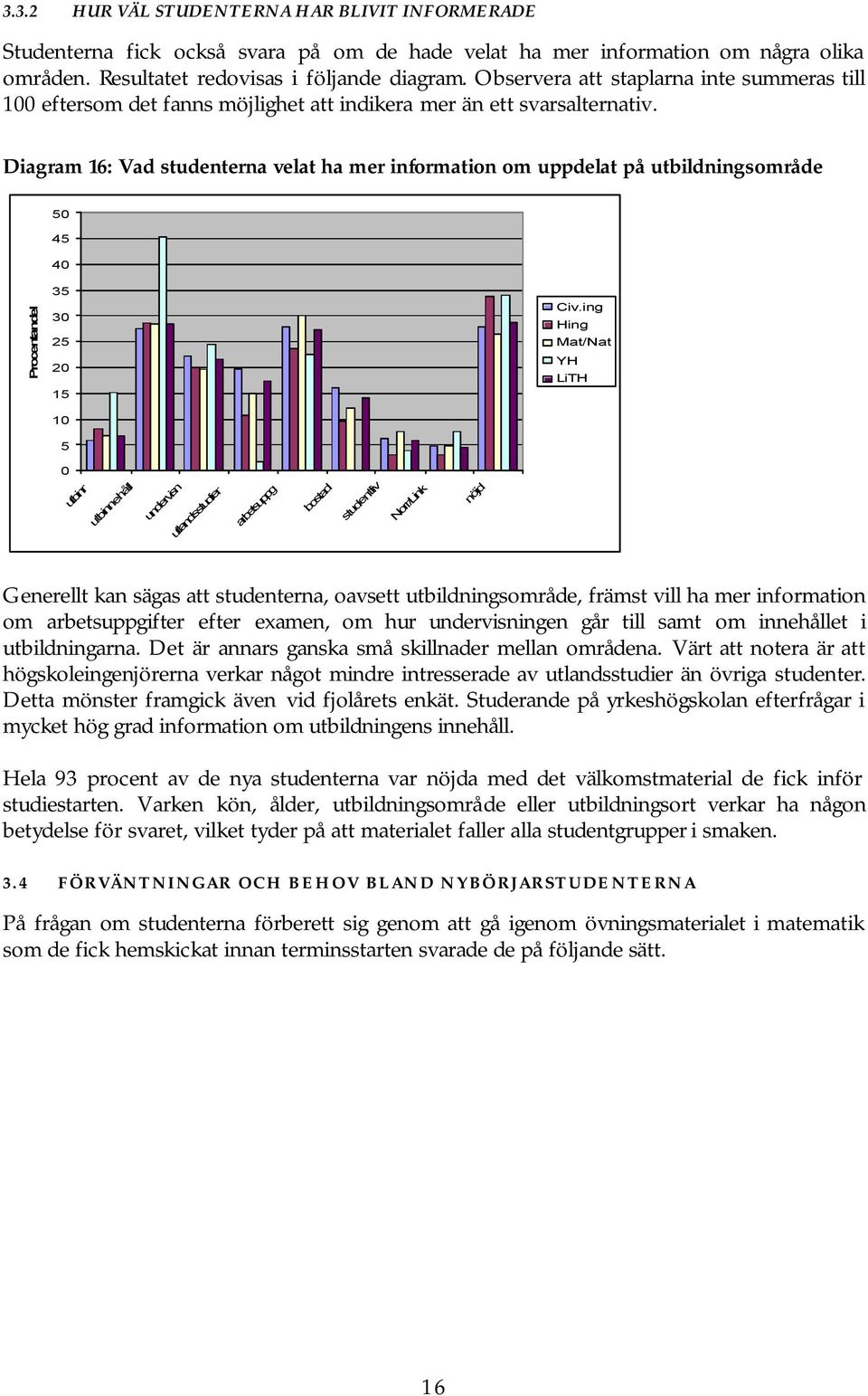 Diagram 16: Vad studenterna velat ha mer information om uppdelat på utbildningsområde 4 4 3 3 2 2 1 utbinr utbinnehåll undervisn utlandsstudier arbetsuppg bostad studentliv Norr/Link nöjd Generellt