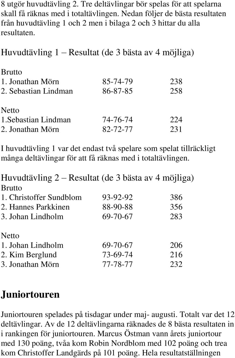 Sebastian Lindman 86-87-85 258 Netto 1.Sebastian Lindman 74-76-74 224 2.