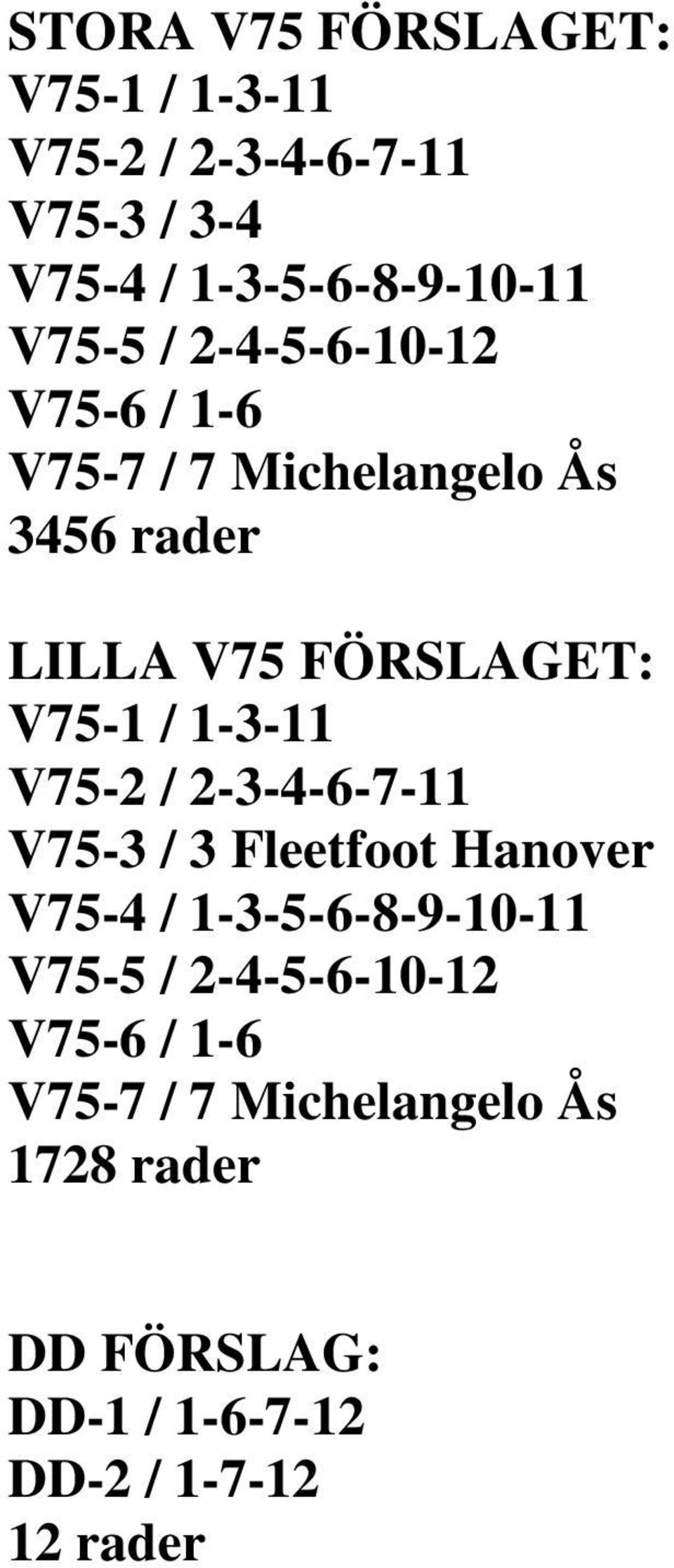 1-3-11 V75-2 / 2-3-4-6-7-11 V75-3 / 3 Fleetfoot Hanover V75-4 / 1-3-5-6-8-9-10-11 V75-5 /