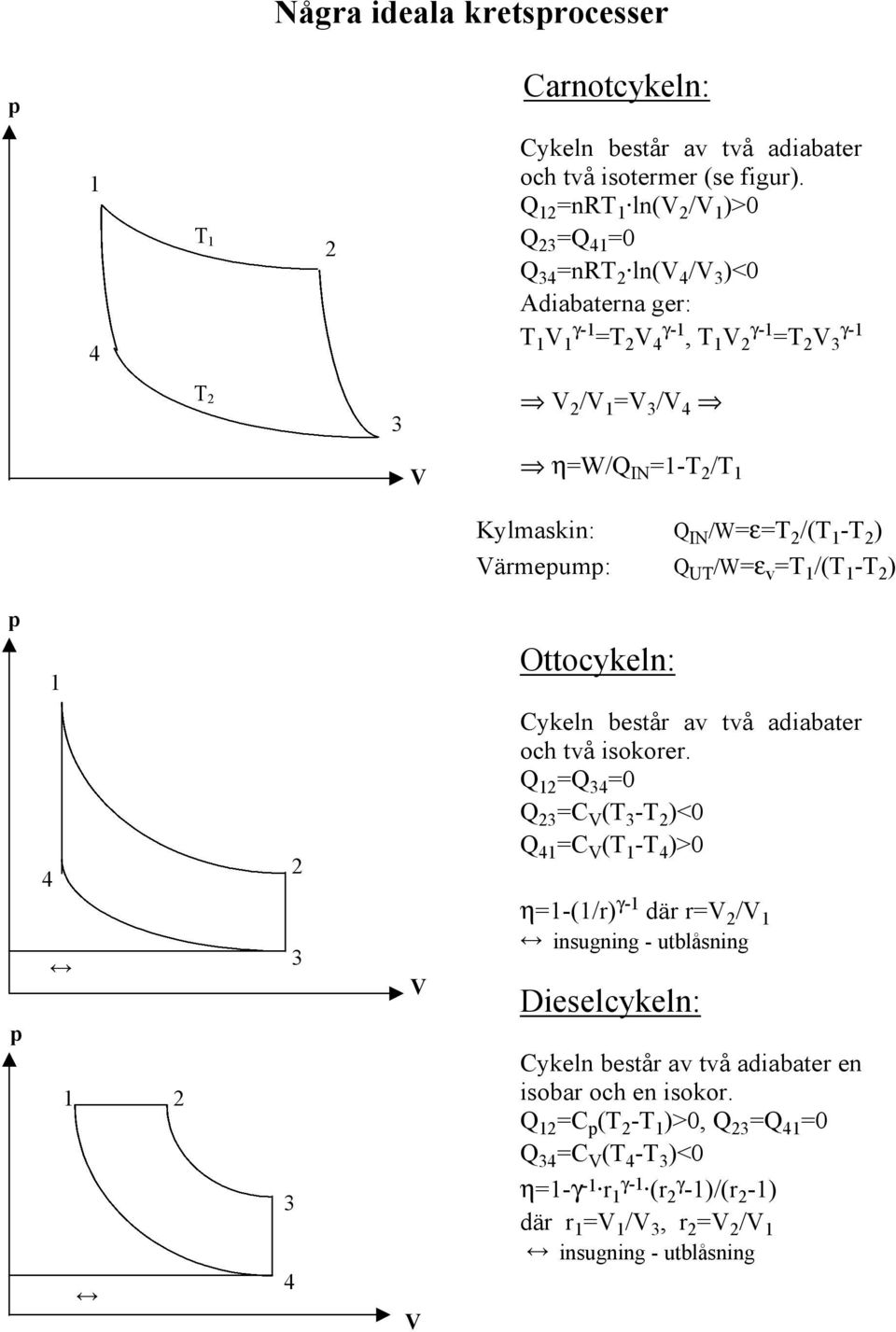 /W=ε=T /(T -T ) ärmeum: Q UT /W=ε v =T /(T -T ) Ottocykeln: och två isokorer.