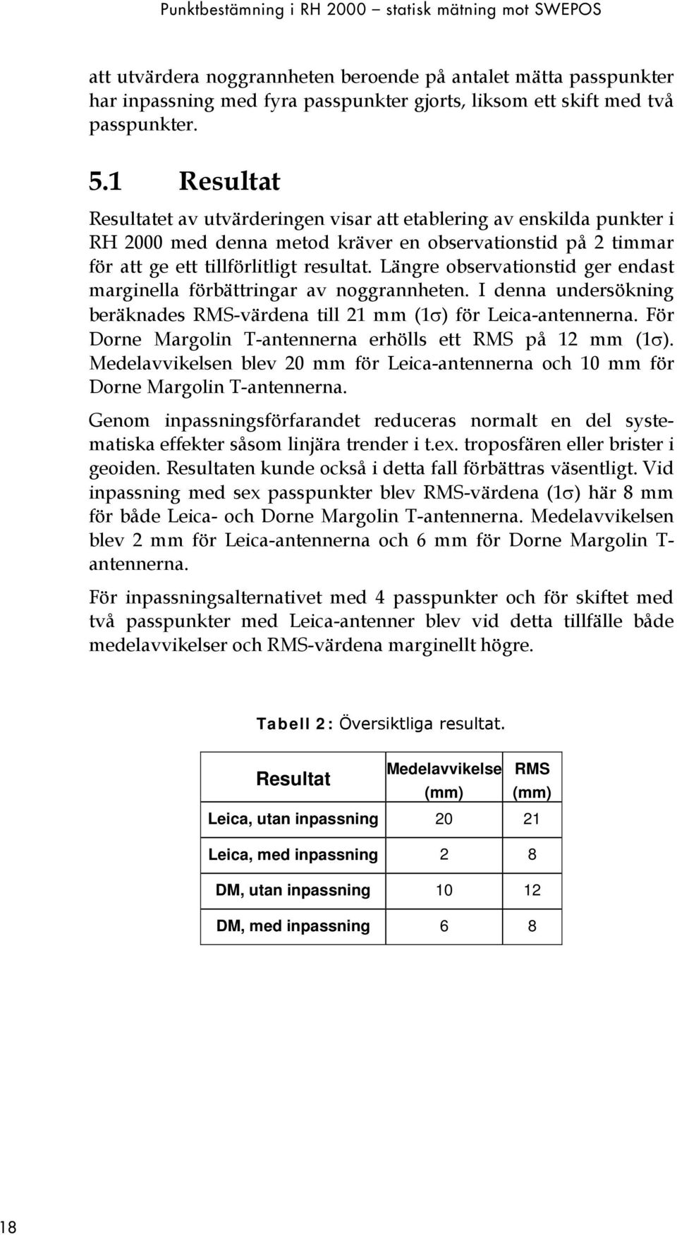 Längre observationstid ger endast marginella förbättringar av noggrannheten. I denna undersökning beräknades RMS-värdena till 21 mm (1σ) för Leica-antennerna.