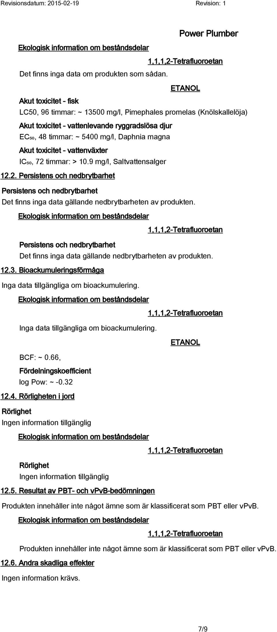 toxicitet - vattenväxter IC₅₀, 72 timmar: > 10.9 mg/l, Saltvattensalger 12.2. Persistens och nedbrytbarhet Persistens och nedbrytbarhet Det finns inga data gällande nedbrytbarheten av produkten.