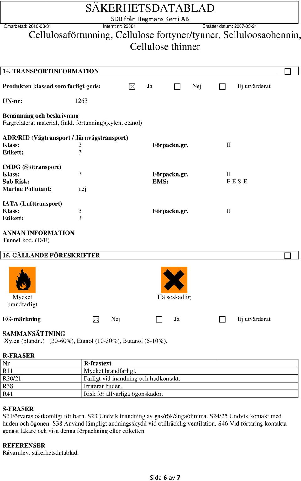gr. II Etikett: 3 ANNAN Tunnel kod. (D/E) 15. GÄLLANDE FÖRESKRIFTER Mycket brandfarligt Hälsoskadlig EG-märkning Nej Ja Ej utvärderat SAMMANSÄTTNING Xylen (blandn.