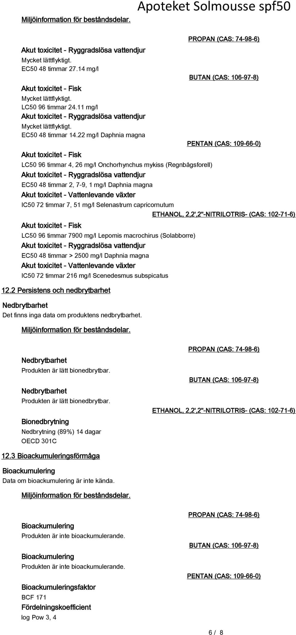 22 mg/l Daphnia magna Akut toxicitet - Fisk LC50 96 timmar 4, 26 mg/l Onchorhynchus mykiss (Regnbågsforell) Akut toxicitet - Ryggradslösa vattendjur EC50 48 timmar 2, 7-9, 1 mg/l Daphnia magna Akut