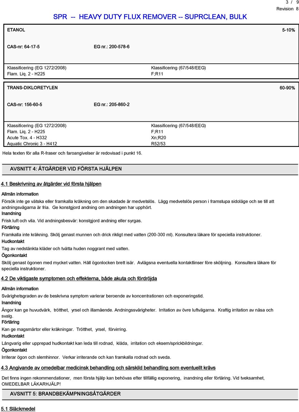 4 - H332 Aquatic Chronic 3 - H412 Klassificering (67/548/EEG) F;R11 Xn;R20 R52/53 Hela texten för alla R-fraser och faroangivelser är redovisad i punkt 16. AVSNITT 4: ÅTGÄRDER VID FÖRSTA HJÄLPEN 4.