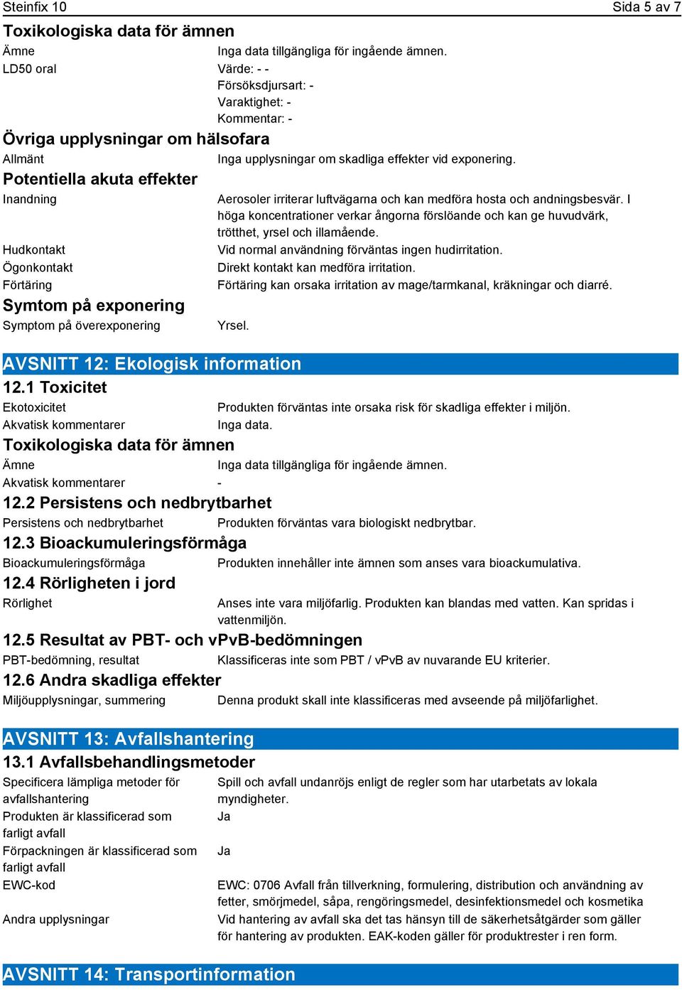 Potentiella akuta effekter Inandning Hudkontakt Ögonkontakt Förtäring Symtom på exponering Symptom på överexponering Aerosoler irriterar luftvägarna och kan medföra hosta och andningsbesvär.