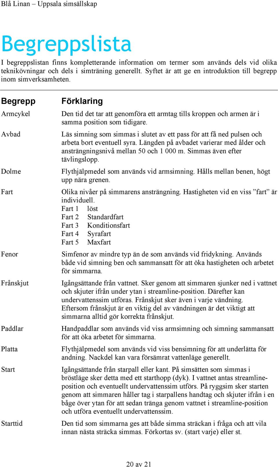 Begrepp Armcykel Avbad Dolme Fart Fenor Frånskjut Paddlar Platta Start Starttid Förklaring Den tid det tar att genomföra ett armtag tills kroppen och armen är i samma position som tidigare.
