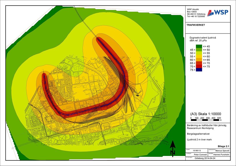 500 m Beräkning av trafikbuller från järnväg, Resecentrum Norrköping Bergslagsalternativet Ljudnivå 2 m över mark