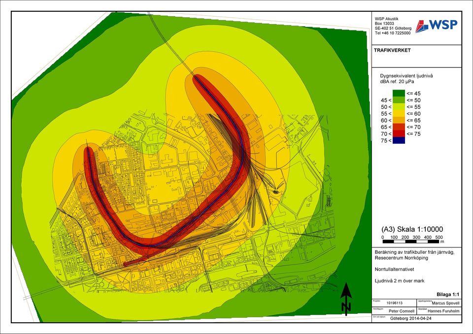 500 m Beräkning av trafikbuller från järnväg, Resecentrum Norrköping Norrtullalternativet Ljudnivå 2 m över mark