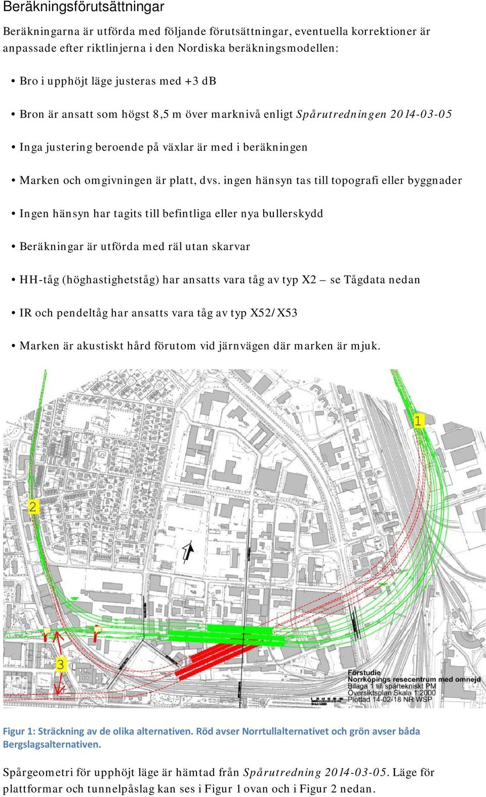 ingen hänsyn tas till topografi eller byggnader Ingen hänsyn har tagits till befintliga eller nya bullerskydd Beräkningar är utförda med räl utan skarvar HH-tåg (höghastighetståg) har ansatts vara