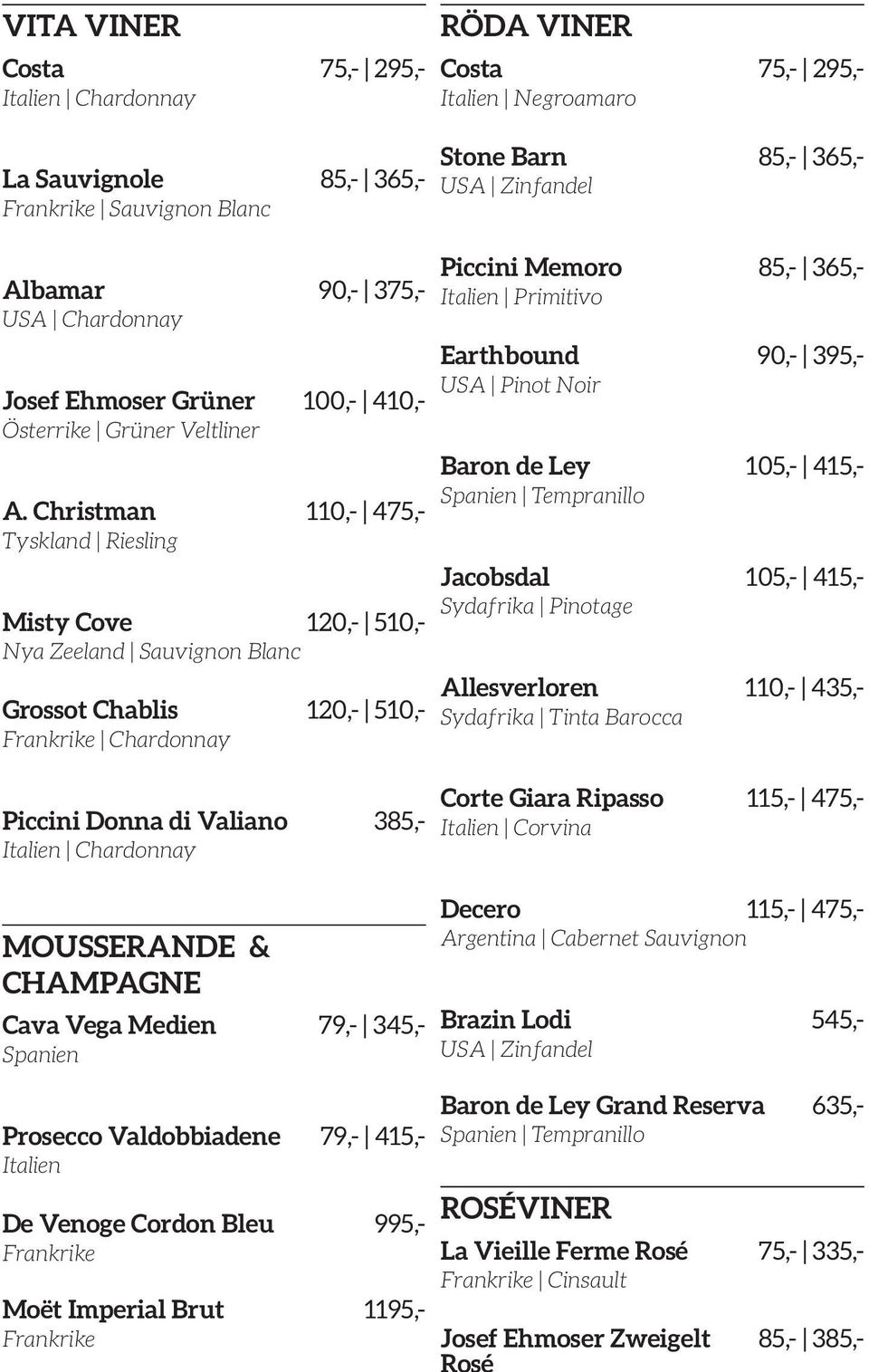 MOUSSERANDE & CHAMPAGNE Cava Vega Medien 79,- 345,- Spanien Prosecco Valdobbiadene 79,- 415,- Italien De Venoge Cordon Bleu 995,- Frankrike Moët Imperial Brut 1195,- Frankrike RÖDA VINER Costa 75,-