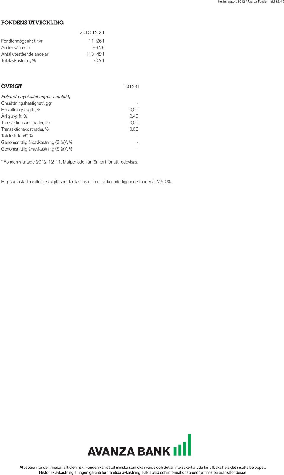 Transaktionskostnader, tkr 0,00 Transaktionskostnader, % 0,00 Totalrisk fond*, % - Genomsnittlig årsavkastning (2 år)*, % - Genomsnittlig årsavkastning (5 år)*,