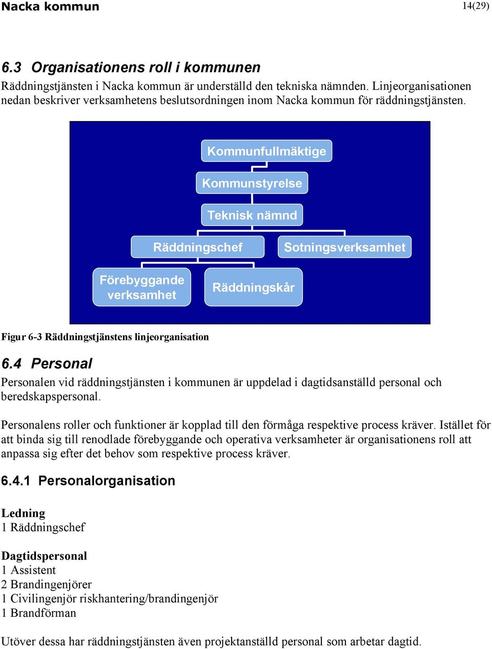 Kommunfullmäktige Kommunstyrelse Teknisk nämnd Räddningschef Sotningsverksamhet Förebyggande verksamhet Räddningskår Figur 6-3 Räddningstjänstens linjeorganisation 6.