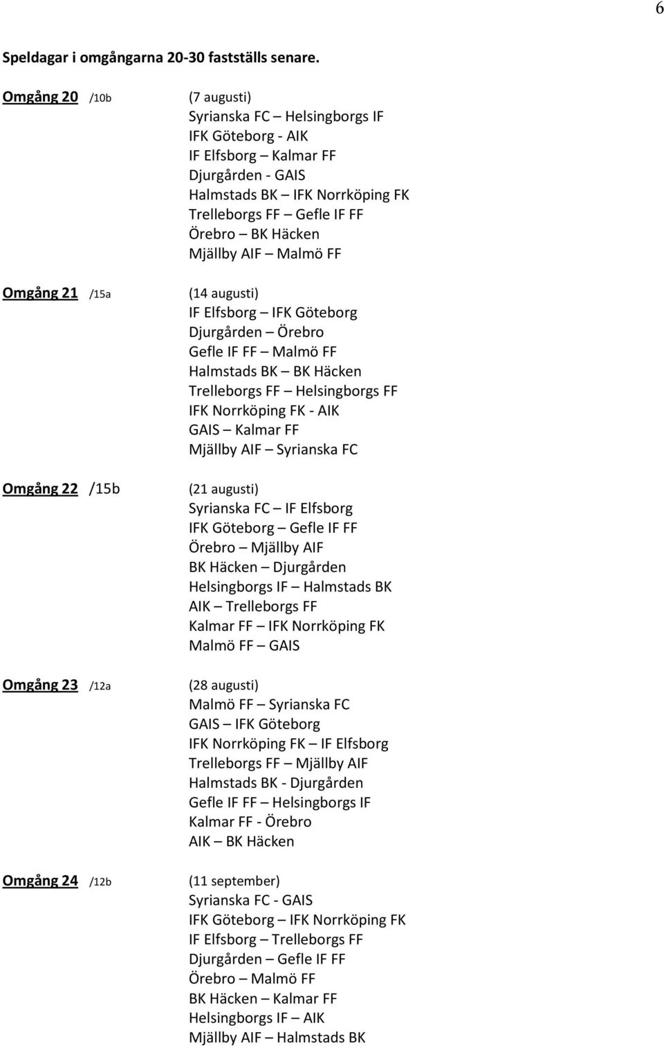 Norrköping FK Trelleborgs FF Gefle IF FF Örebro BK Häcken Mjällby AIF Malmö FF (14 augusti) IF Elfsborg IFK Göteborg Djurgården Örebro Gefle IF FF Malmö FF Halmstads BK BK Häcken Trelleborgs FF