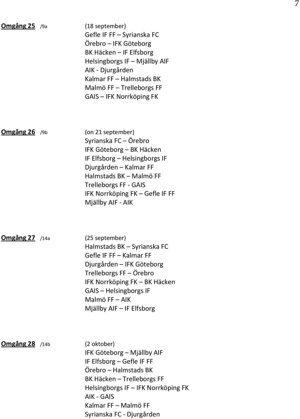 Gefle IF FF Mjällby AIF - AIK Omgång 27 /14a (25 september) Halmstads BK Syrianska FC Gefle IF FF Kalmar FF Djurgården IFK Göteborg Trelleborgs FF Örebro IFK Norrköping FK BK Häcken GAIS Helsingborgs