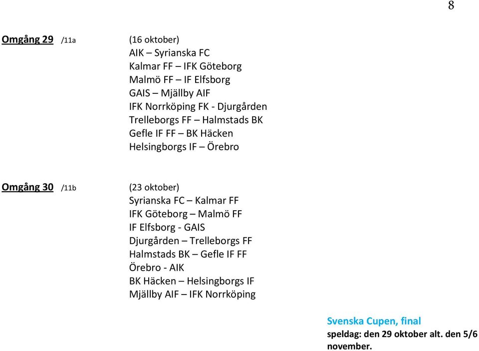 oktober) Syrianska FC Kalmar FF IFK Göteborg Malmö FF IF Elfsborg - GAIS Djurgården Trelleborgs FF Halmstads BK Gefle IF