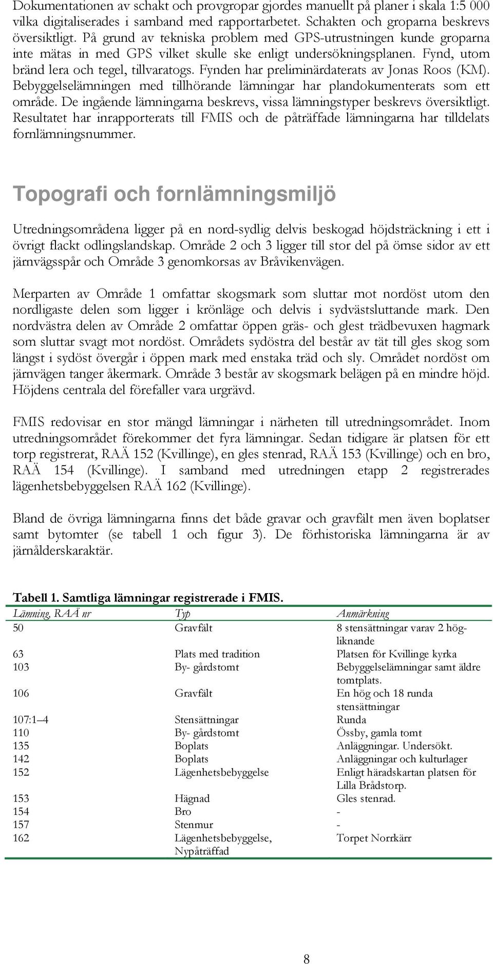 Fynden har preliminärdaterats av Jonas Roos (KM). Bebyggelselämningen med tillhörande lämningar har plandokumenterats som ett område.