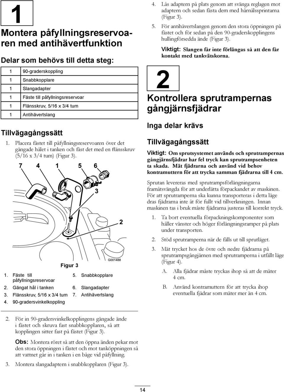 Snabbkopplare 2. Gängat hål i tanken 6. Slangadapter 3. Flänsskruv, 5/16 x 3/4 tum 7. Antihävertslang 4. 90-gradersvinkelkoppling 4.