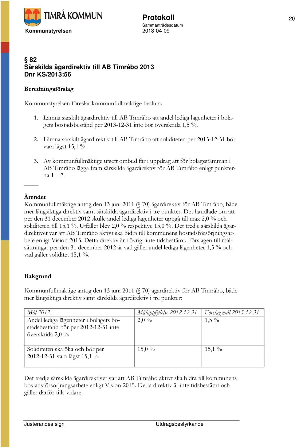 13-12-31 inte bör överskrida 1,5 %. 2. Lämna särskilt ägardirektiv till AB Timråbo att soliditeten per 2013-12-31 bör vara lägst 15,1 %. 3.
