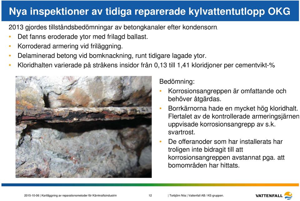 Kloridhalten varierade på stråkens insidor från 0,13 till 1,41 kloridjoner per cementvikt-% Bedömning: Korrosionsangreppen är omfattande och behöver åtgärdas.