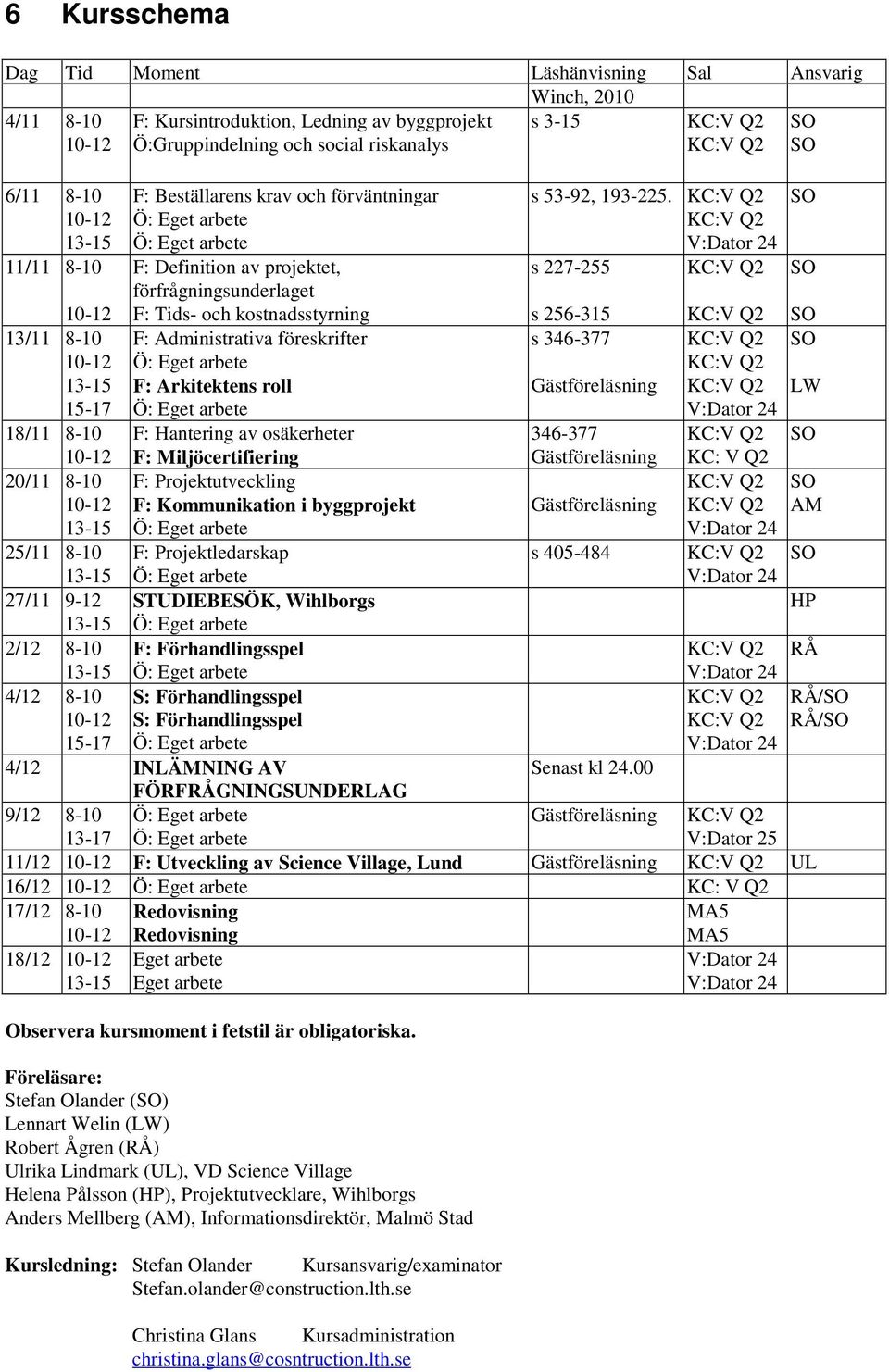 s 227-255 11/11 8-10 F: Definition av projektet, förfrågningsunderlaget F: Tids- och kostnadsstyrning s 256-315 13/11 8-10 F: Administrativa föreskrifter s 346-377 F: Arkitektens roll Gästföreläsning