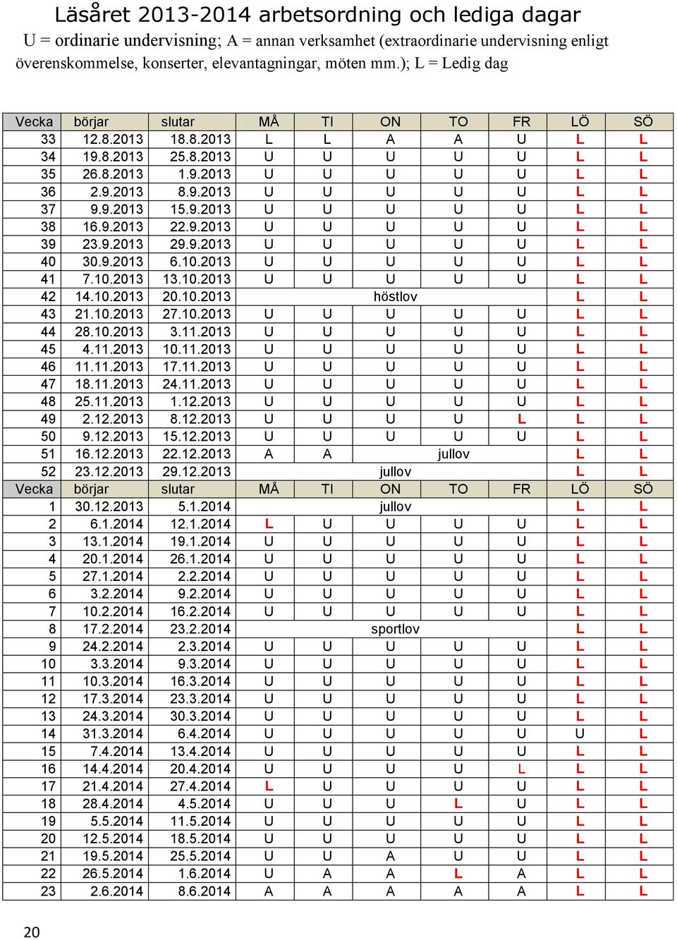 9.2013 15.9.2013 U U U U U L L 38 16.9.2013 22.9.2013 U U U U U L L 39 23.9.2013 29.9.2013 U U U U U L L 40 30.9.2013 6.10.2013 U U U U U L L 41 7.10.2013 13.10.2013 U U U U U L L 42 14.10.2013 20.10.2013 höstlov L L 43 21.