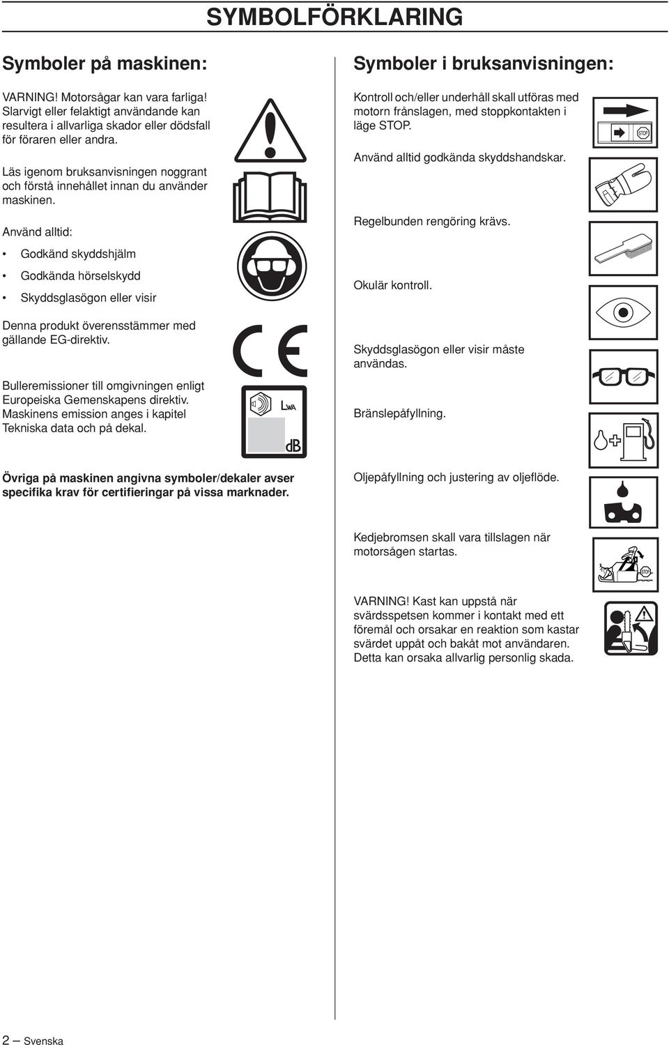 Använd alltid: Godkänd skyddshjälm Godkända hörselskydd Skyddsglasögon eller visir Denna produkt överensstämmer med gällande EG-direktiv.