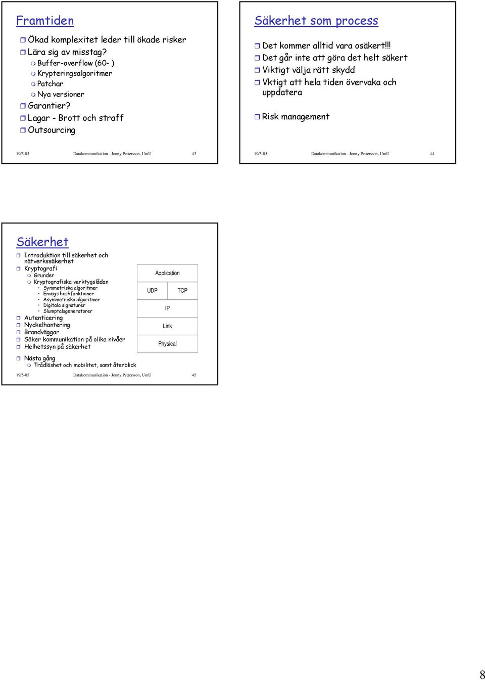 !! Detgårinteattgöradetheltsäkert Viktigt välja rätt skydd Vktigt att hela tiden övervaka och uppdatera Risk management 19/5-05 Datakommunikation - Jonny Pettersson, UmU 43 19/5-05 Datakommunikation