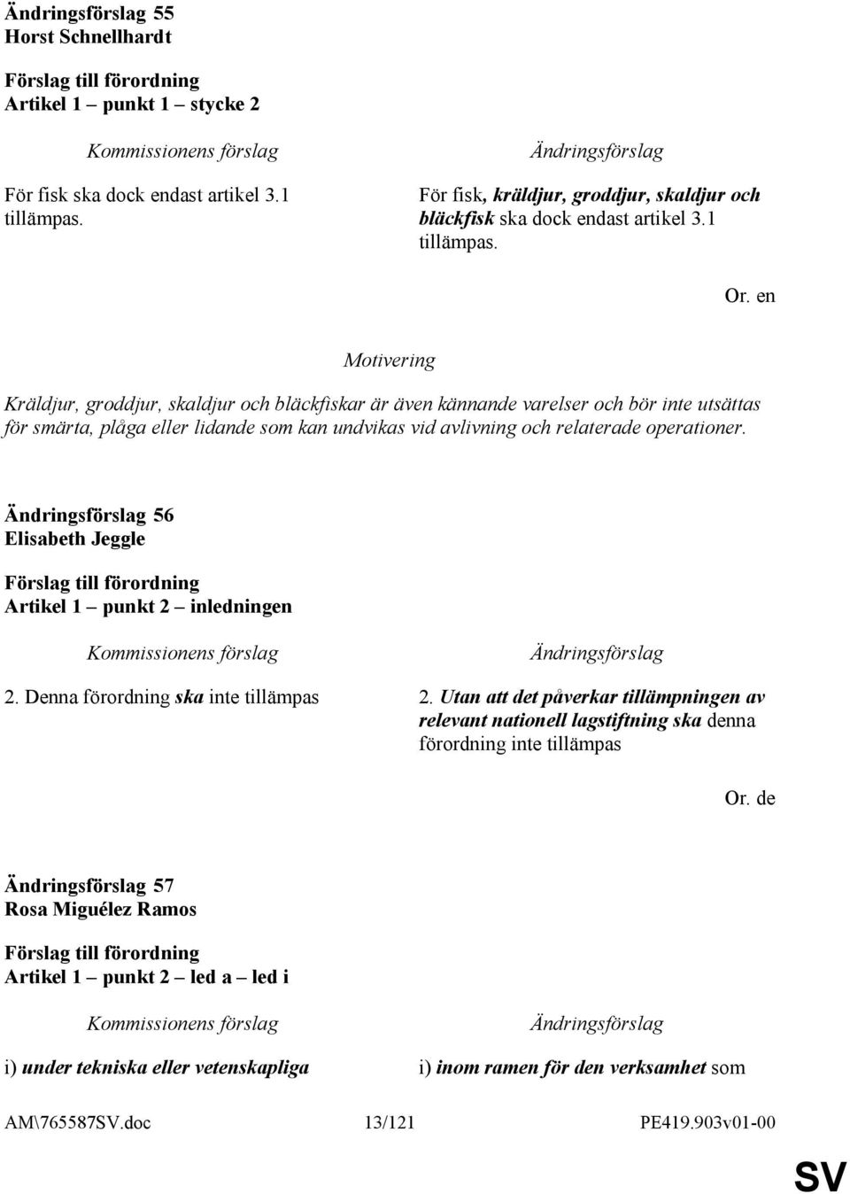 Kräldjur, groddjur, skaldjur och bläckfiskar är även kännande varelser och bör inte utsättas för smärta, plåga eller lidande som kan undvikas vid avlivning och relaterade operationer.
