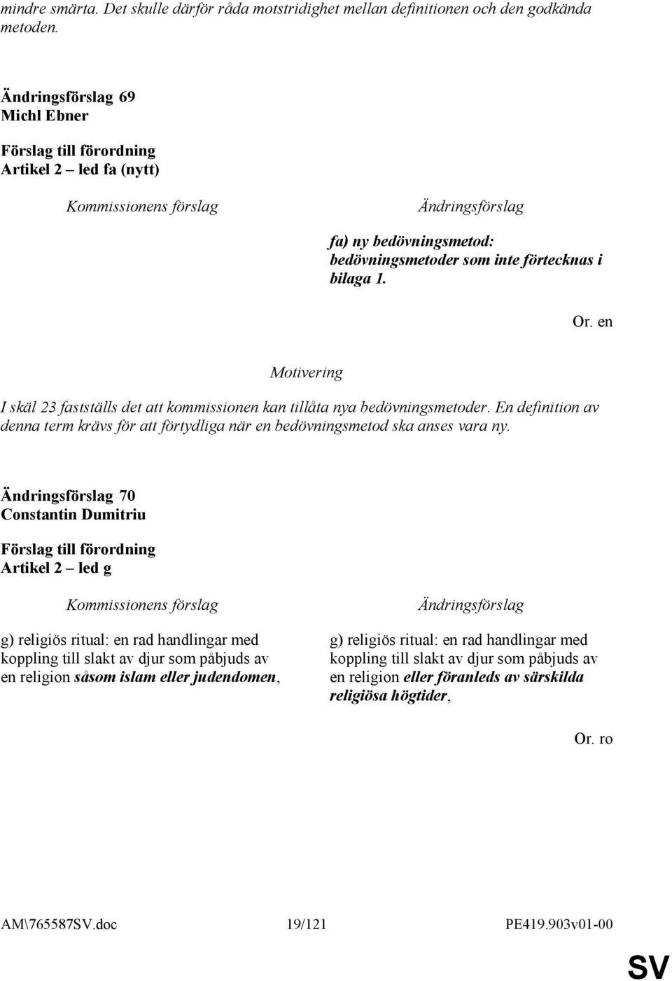 I skäl 23 fastställs det att kommissionen kan tillåta nya bedövningsmetoder. En definition av denna term krävs för att förtydliga när en bedövningsmetod ska anses vara ny.