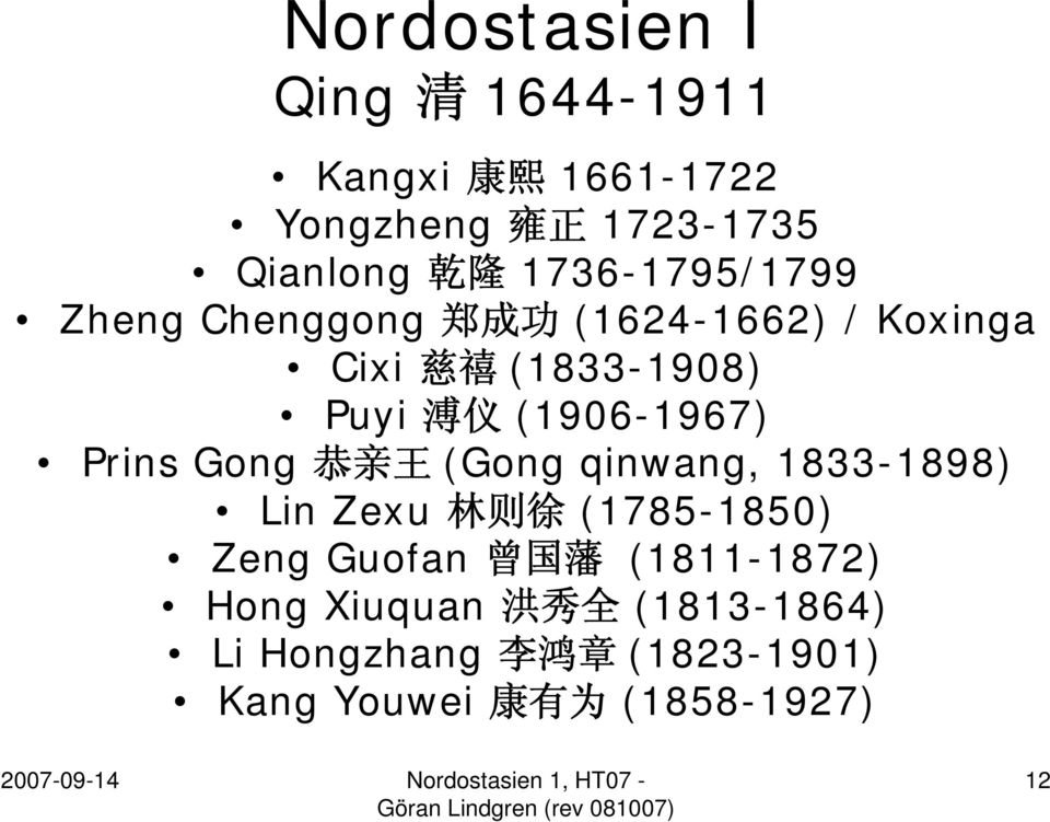 Gong 恭 亲 王 (Gong qinwang, 1833-1898) Lin Zexu 林 则 徐 (1785-1850) Zeng Guofan 曾 国 藩