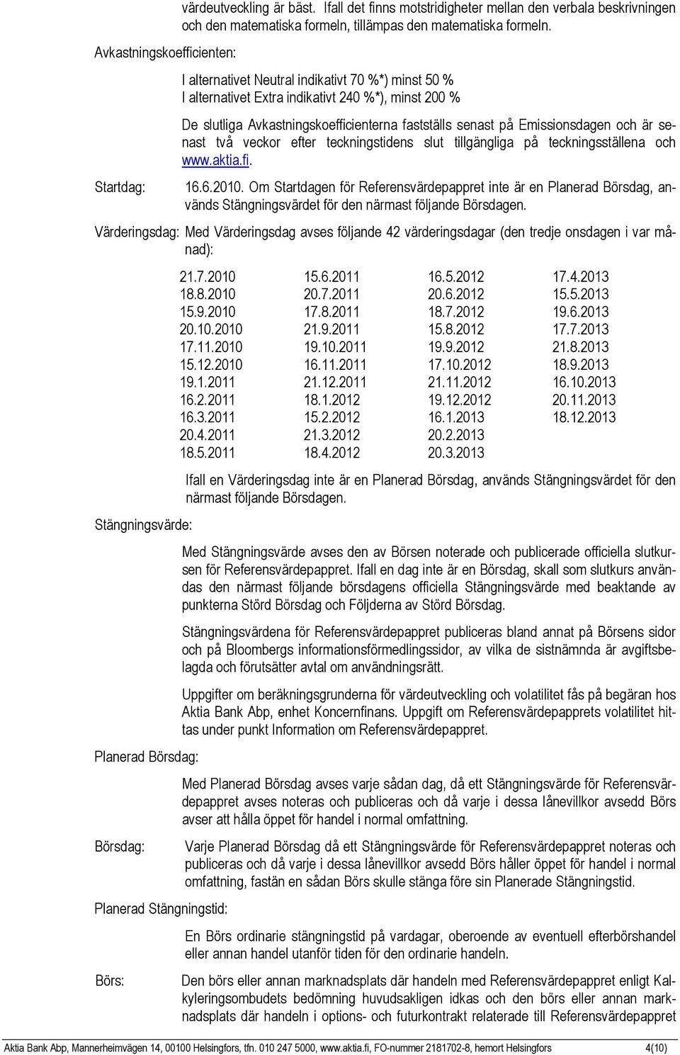 veckor efter teckningstidens slut tillgängliga på teckningsställena och www.aktia.fi. 16.6.2010.