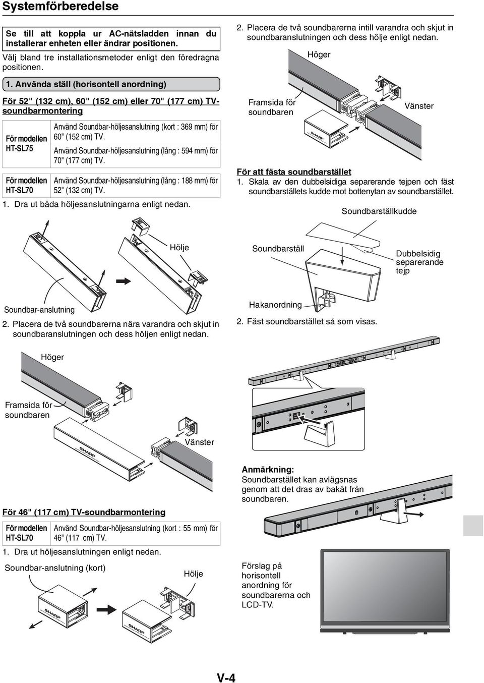 (152 cm). Använd Soundbar-höljesanslutning (lång : 594 mm) för 70" (177 cm). Använd Soundbar-höljesanslutning (lång : 188 mm) för 52" (132 cm). 1. Dra ut båda höljesanslutningarna enligt nedan. 2.