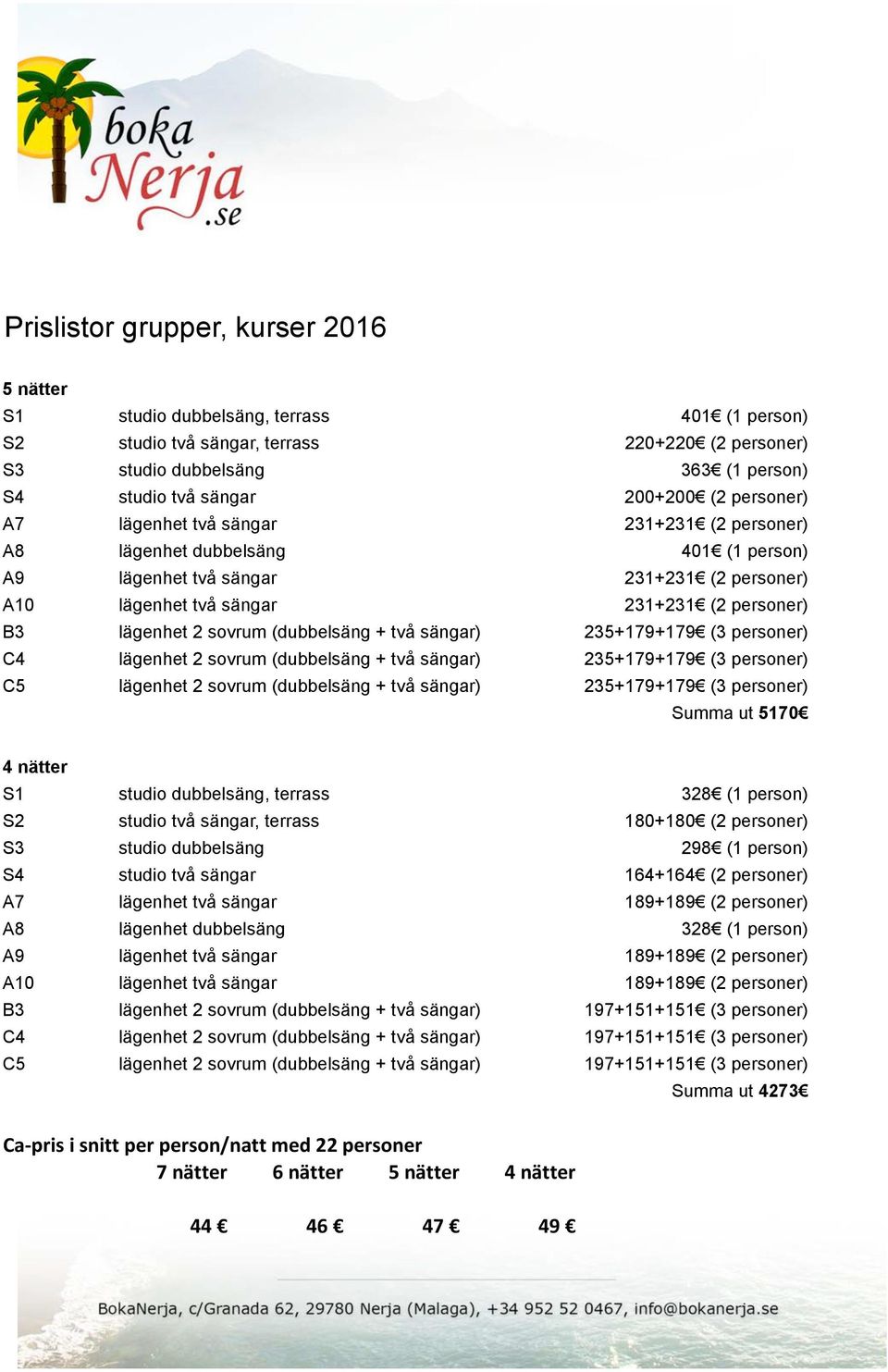 lägenhet 2 sovrum (dubbelsäng + två sängar) 235+179+179 (3 personer) C4 lägenhet 2 sovrum (dubbelsäng + två sängar) 235+179+179 (3 personer) C5 lägenhet 2 sovrum (dubbelsäng + två sängar) 235+179+179