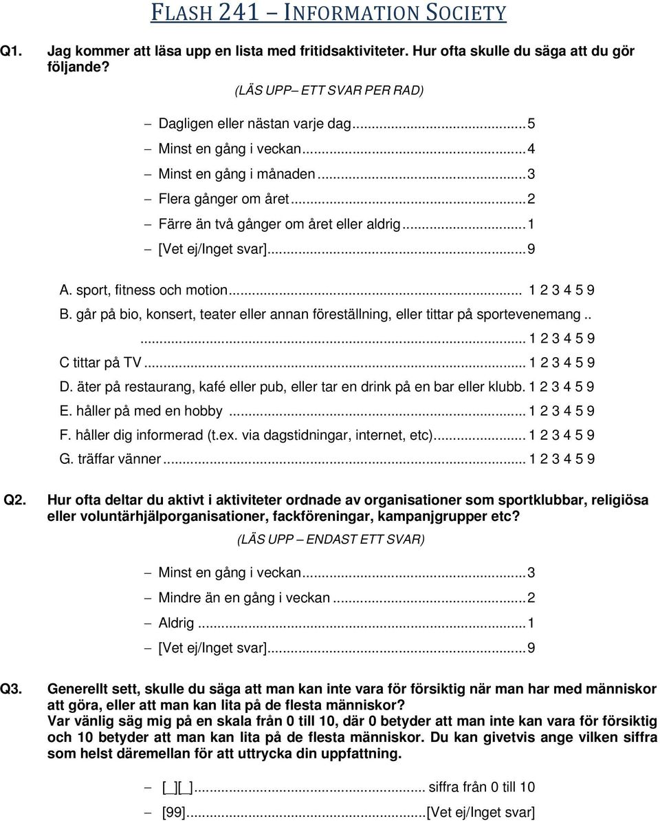 går på bio, konsert, teater eller annan föreställning, eller tittar på sportevenemang..... 1 2 3 4 5 9 C tittar på TV... 1 2 3 4 5 9 D.