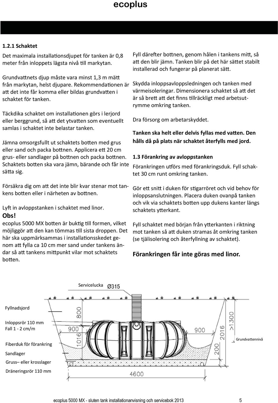 Täckdika schaktet om installa onen görs i lerjord eller berggrund, så a det ytva en som eventuellt samlas i schaktet inte belastar tanken.