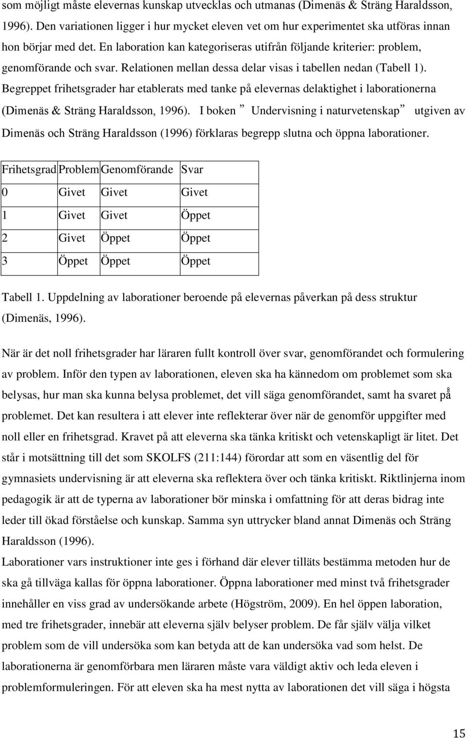 Begreppet frihetsgrader har etablerats med tanke på elevernas delaktighet i laborationerna (Dimenäs & Sträng Haraldsson, 1996).