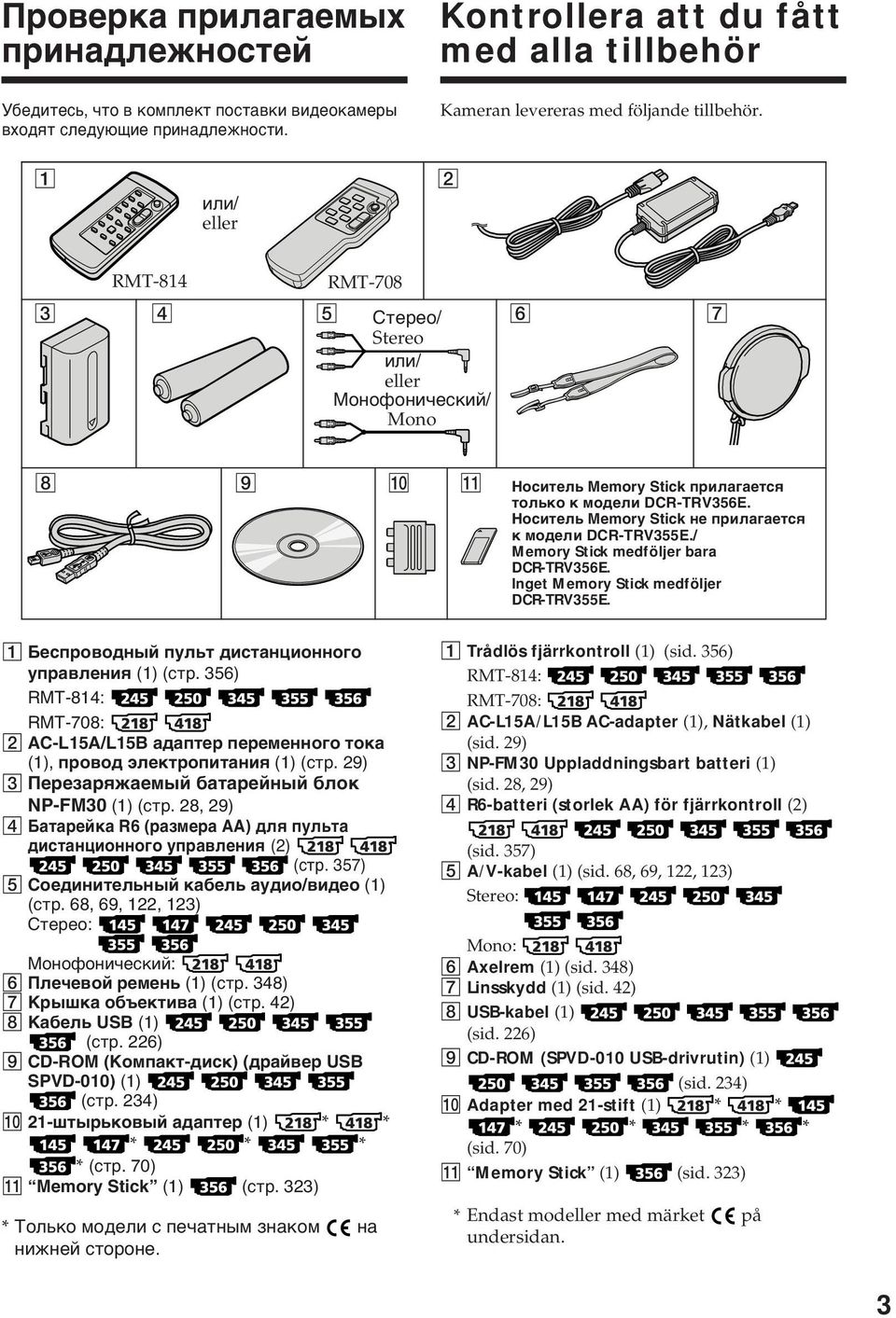 1 2 или/ eller RMT-814 RMT-708 3 4 5 Cтepeо/ Stereo или/ eller Mонофоничecкий/ Mono 6 7 8 9 q; qa Hоcитeль Memory Stick пpилaгaeтcя только к модeли DCR-TRV356E.