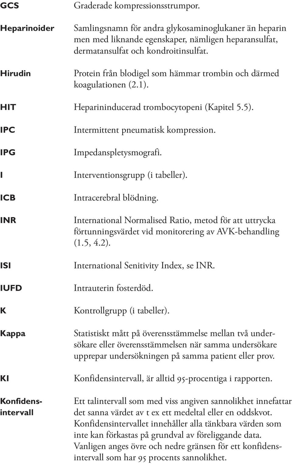 IPC IPG I ICB INR ISI IUFD K Kappa KI Konfidensintervall Intermittent pneumatisk kompression. Impedanspletysmografi. Interventionsgrupp (i tabeller). Intracerebral blödning.